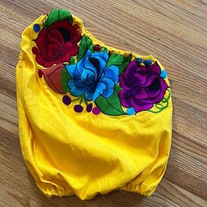 Rockabilly One shoulder yellow embroidered Mexican blouse